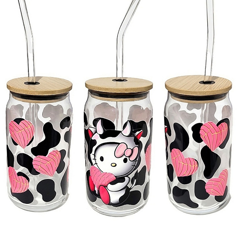 Hello Kitty Cow Glass Tumbler Cup 16oz Pink Black Design
